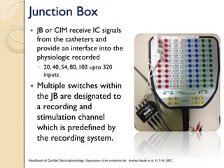 Junction Box
 JB or CIM receive IC signals
from the catheters and
provide an interface into the
physiologic recorded
◦ 20, 40, 54, 80, 102 upto 320
inputs
 Multiple switches within
the JB are designated to
a recording and
stimulation channel
which is predefined by
the recording system.
Handbook of Cardiac Electrophysiology. Organization of the arrhythmia lab. Andrea Natale et al. 3:17-24. 2007.
 