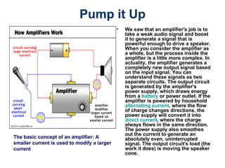 Pump it Up We saw that an amplifier's job is to take a weak audio signal and boost it to generate a signal that is powerful enough to drive a speaker. When you consider the amplifier as a whole, but the process inside the amplifier is a little more complex. In actuality, the amplifier generates a completely new output signal based on the input signal. You can understand these signals as two separate circuits. The output circuit is generated by the amplifier's power supply, which draws energy from a  battery  or power outlet. If the amplifier is powered by household  alternating current , where the flow of charge changes directions, the power supply will convert it into  direct current , where the charge always flows in the same direction. The power supply also smoothes out the current to generate an absolutely even, uninterrupted signal. The output circuit's load (the work it does) is moving the speaker cone.  The basic concept of an amplifier: A smaller current is used to modify a larger current 