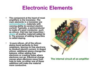 Electronic Elements The component at the heart of most amplifiers is the transistor. The main elements in a transistor are  semiconductors , materials with varying ability to conduct electric current. Typically, a semiconductor is made of a poor conductor, such as silicon, that has had impurities ( atoms  of another material) added to it. The process of adding impurities is called doping. In pure silicon, all of the silicon atoms bond perfectly to their neighbors, leaving no free electrons to conduct electric current. In doped silicon, additional atoms change the balance, either adding free electrons or creating holes where electrons can go. Electrical charge moves when electrons move from hole to hole, so either one of these additions will make the material more conductive.  The internal circuit of an amplifier 