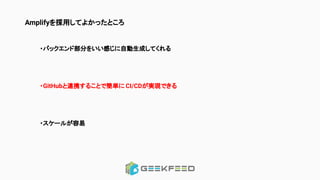 Amplifyを採用してよかったところ
・バックエンド部分をいい感じに自動生成してくれる
・GitHubと連携することで簡単に CI/CDが実現できる
・スケールが容易
 