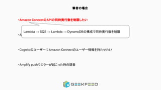 筆者の場合
・Amazon ConnectのAPIの同時実行数を制限したい
・Amazon Connectの通話履歴データを画面上で再生したい
・CognitoのユーザーにAmazon Connectのユーザー情報を持たせたい
・Amplify pushでエラーが起こった時の調査
Lambda → SQS → Lambda → DynamoDBの構成で同時実行数を制限
 