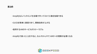 まとめ
・Amplifyならバックエンドを自動で作ってくれて工数を短縮できる
・CI/CDを簡単に実現できて、開発効率が上がる
・使用するAWSサービスがスケーラブル
・Amplifyで凝ったことをやると、なんやかんやで AWSへの理解が必要になる
 