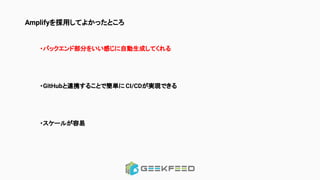 Amplifyを採用してよかったところ
・バックエンド部分をいい感じに自動生成してくれる
・GitHubと連携することで簡単に CI/CDが実現できる
・スケールが容易
 