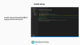 Amplify add api
amplify add apiでGraphQLを選ぶと
AppSyncのAPIが作られます
 