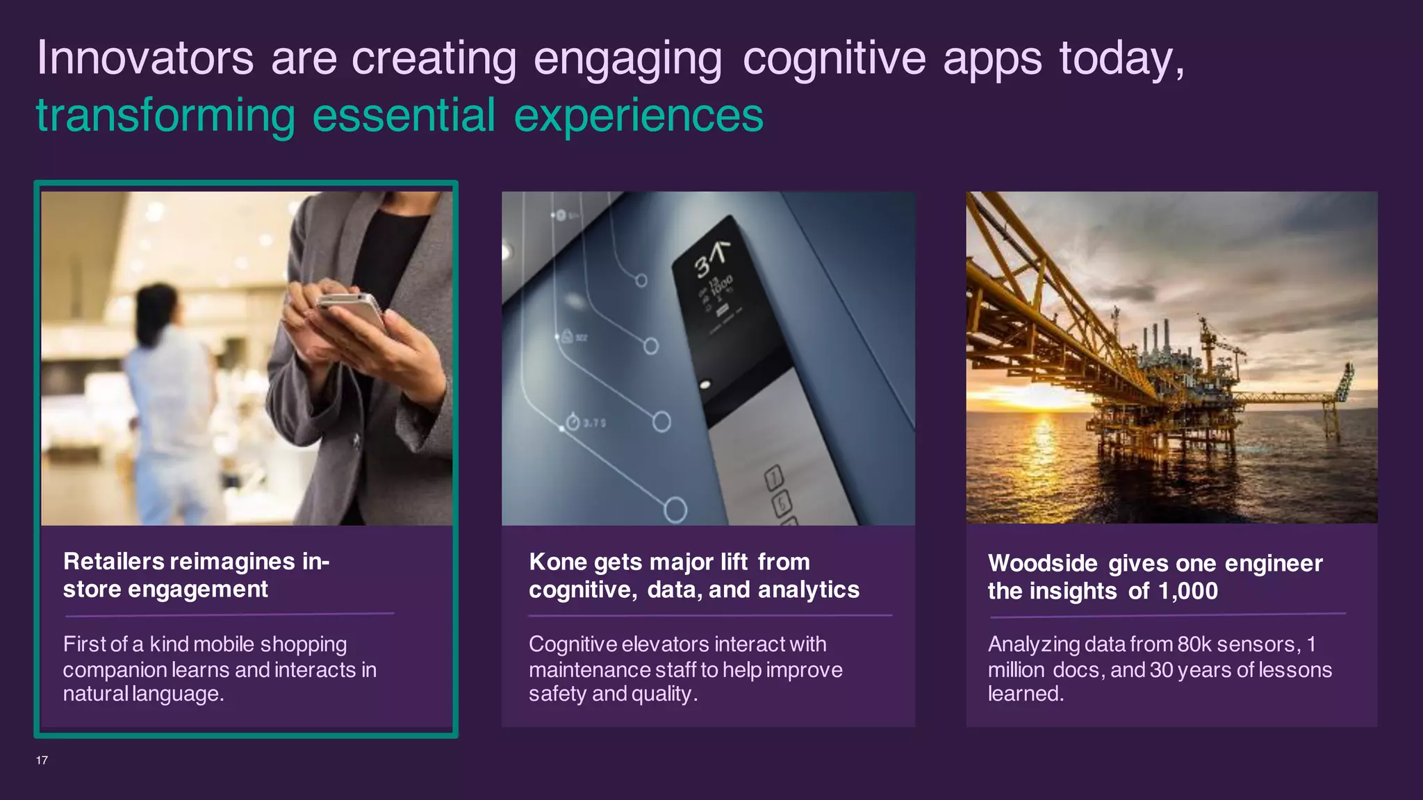 17
Retailers reimagines in-
store engagement
Kone gets major lift from
cognitive, data, and analytics
Woodside gives one engineer
the insights of 1,000
Innovators are creating engaging cognitive apps today,
transforming essential experiences
First of a kind mobile shopping
companion learns and interacts in
naturallanguage.
Cognitive elevators interact with
maintenance staff to help improve
safety and quality.
Analyzing data from 80k sensors, 1
million docs, and 30 years of lessons
learned.
 