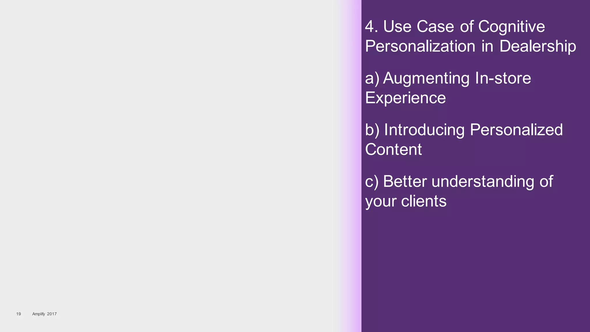4. Use Case of Cognitive
Personalization in Dealership
a) Augmenting In-store
Experience
b) Introducing Personalized
Content
c) Better understanding of
your clients
Amplify 201719
 