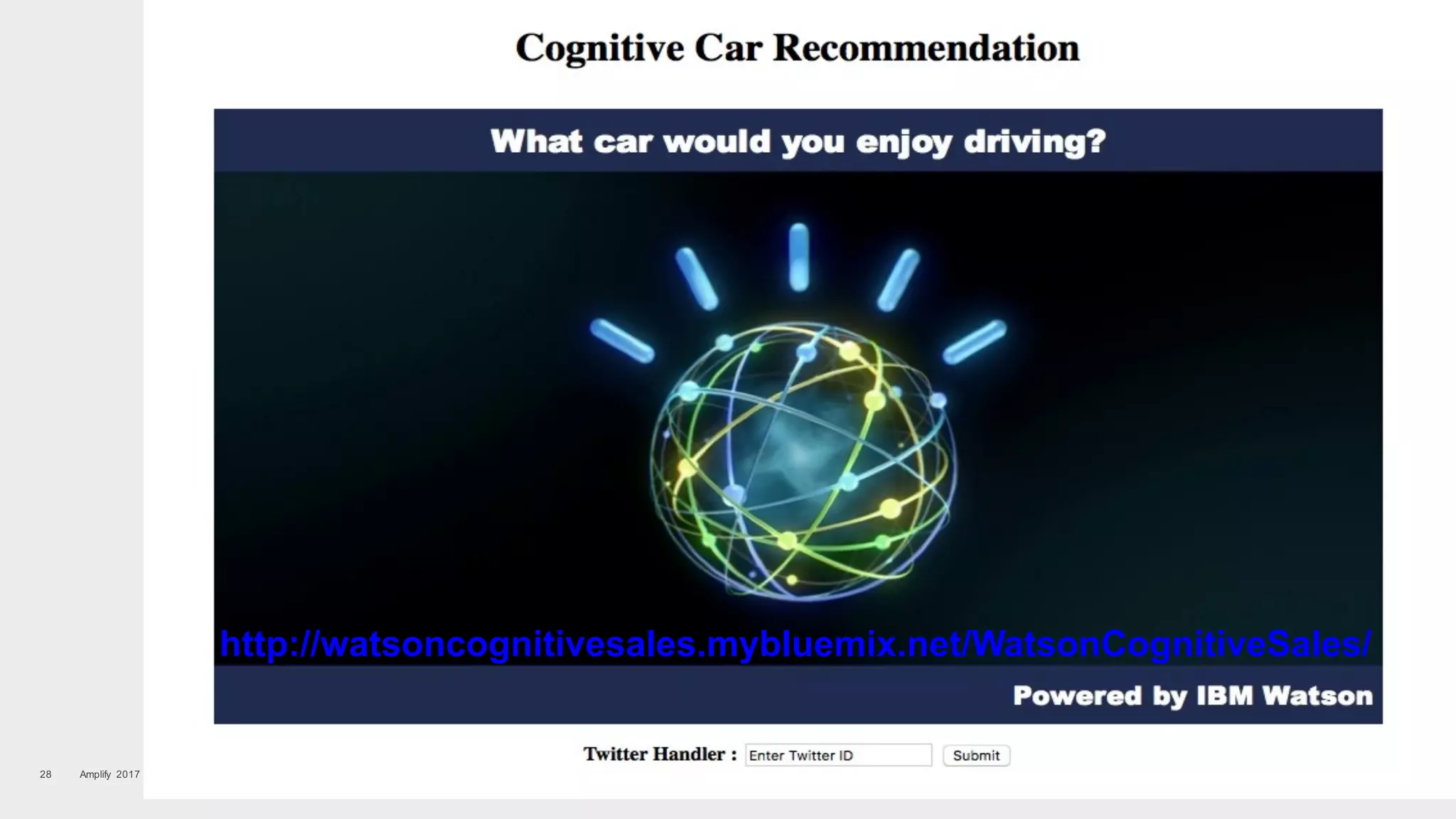 Amplify 201728
http://watsoncognitivesales.mybluemix.net/WatsonCognitiveSales/
 
