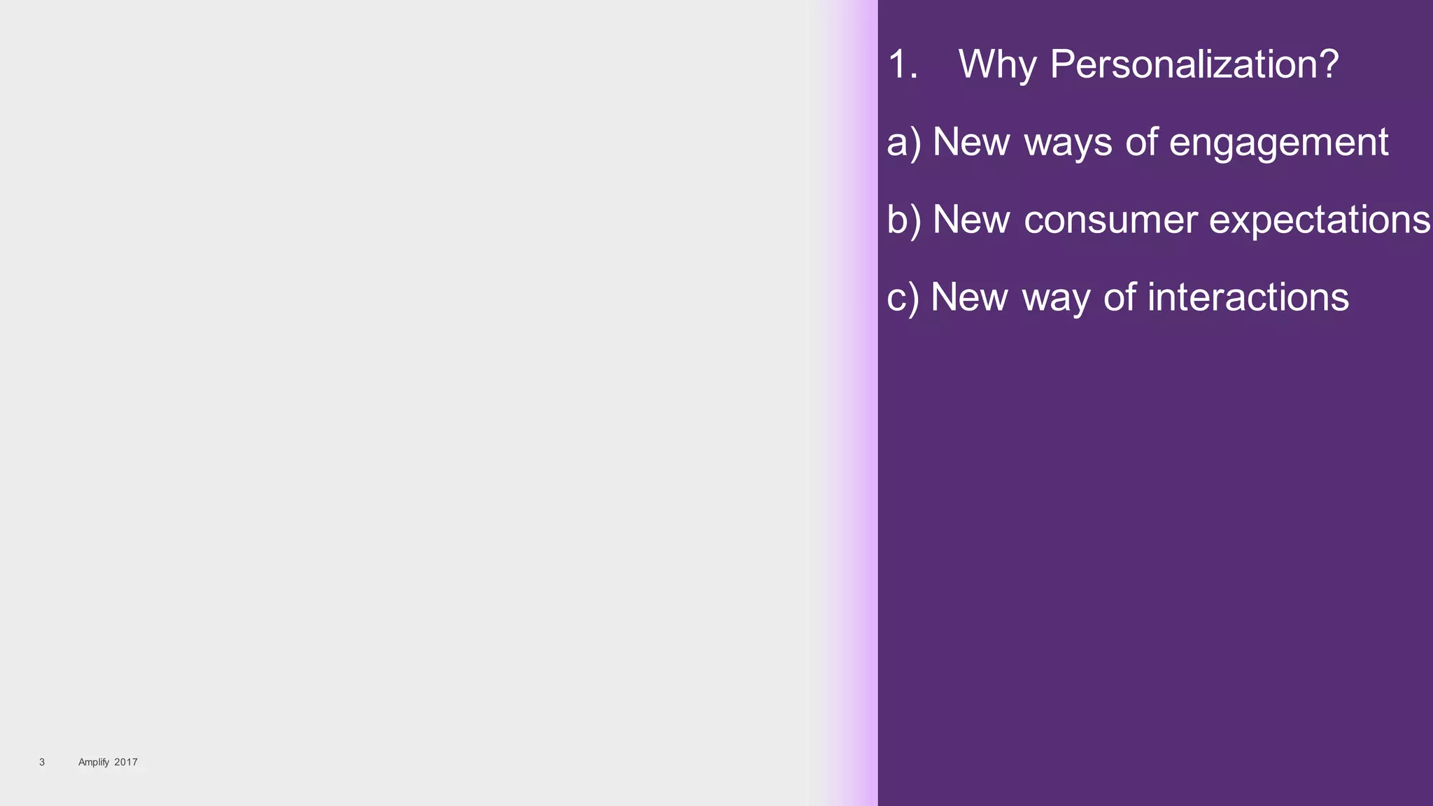 1. Why Personalization?
a) New ways of engagement
b) New consumer expectations
c) New way of interactions
Amplify 20173
 