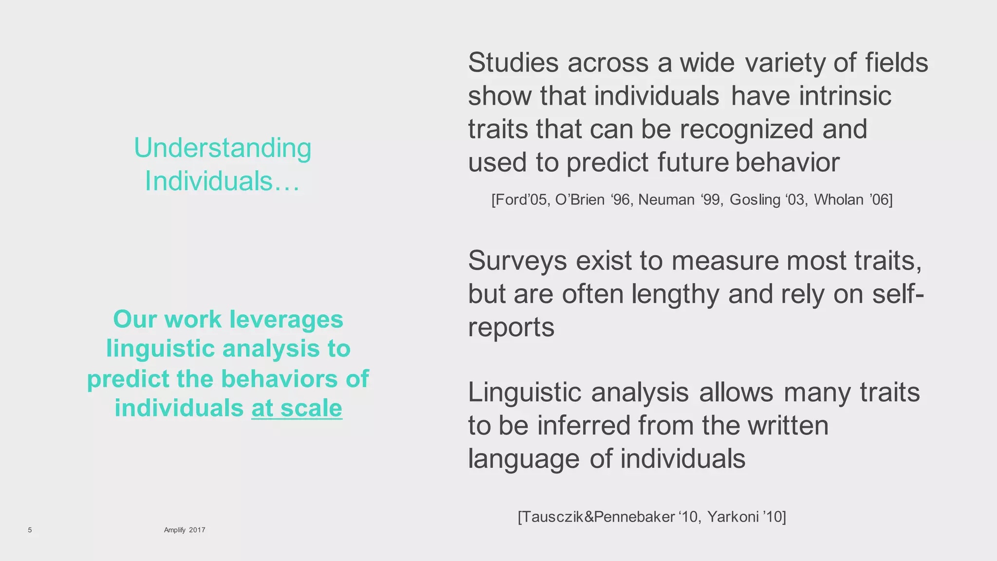 Amplify 20175
Understanding
Individuals…
Studies across a wide variety of fields
show that individuals have intrinsic
traits that can be recognized and
used to predict future behavior
[Ford’05, O’Brien ‘96, Neuman ‘99, Gosling ‘03, Wholan ’06]
Surveys exist to measure most traits,
but are often lengthy and rely on self-
reports
Linguistic analysis allows many traits
to be inferred from the written
language of individuals
[Tausczik&Pennebaker ‘10, Yarkoni ’10]
Our work leverages
linguistic analysis to
predict the behaviors of
individuals at scale
 