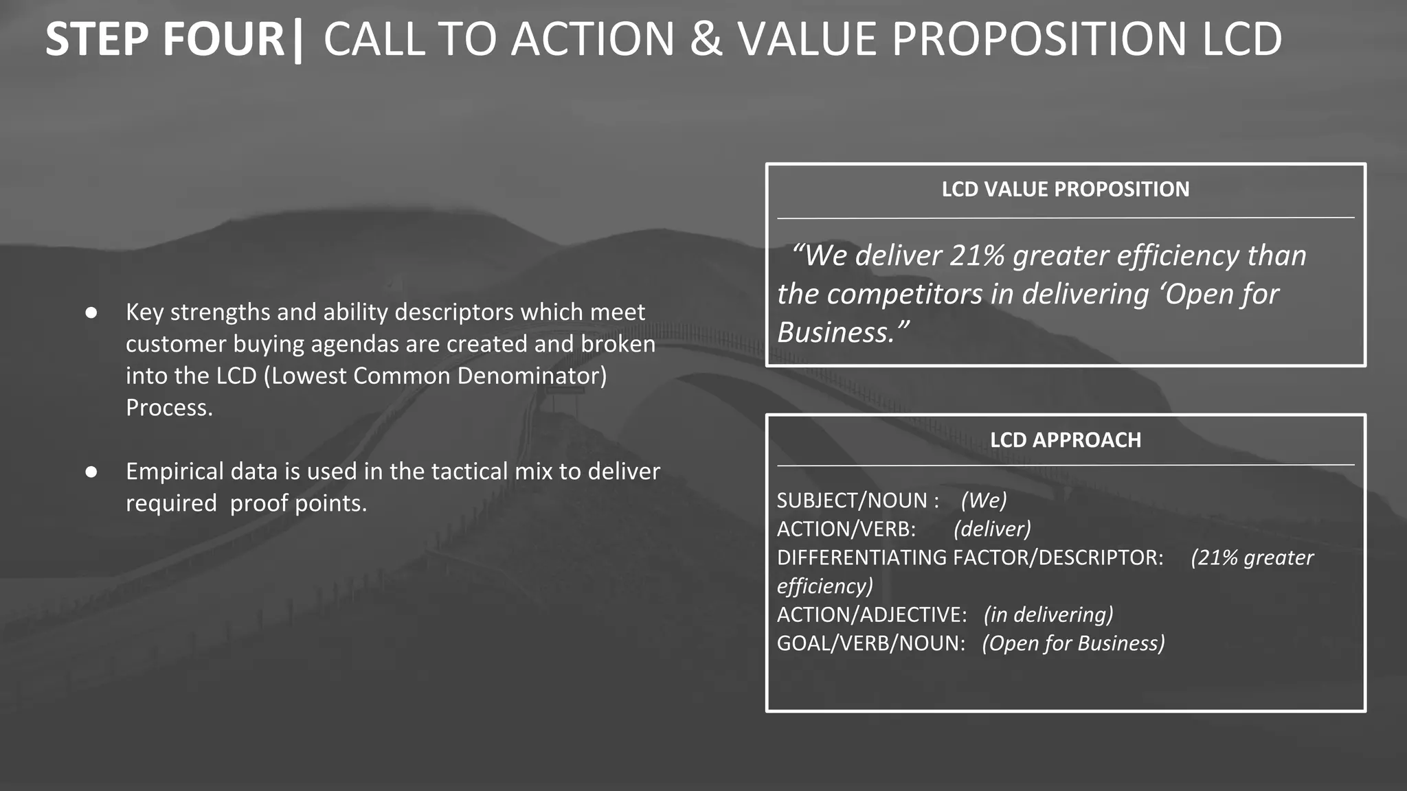 ● Key strengths and ability descriptors which meet
customer buying agendas are created and broken
into the LCD (Lowest Common Denominator)
Process.
● Empirical data is used in the tactical mix to deliver
required proof points.
STEP FOUR| CALL TO ACTION & VALUE PROPOSITION LCD
LCD VALUE PROPOSITION
“We deliver 21% greater efficiency than
the competitors in delivering ‘Open for
Business.”
LCD APPROACH
SUBJECT/NOUN : (We)
ACTION/VERB: (deliver)
DIFFERENTIATING FACTOR/DESCRIPTOR: (21% greater
efficiency)
ACTION/ADJECTIVE: (in delivering)
GOAL/VERB/NOUN: (Open for Business)
 