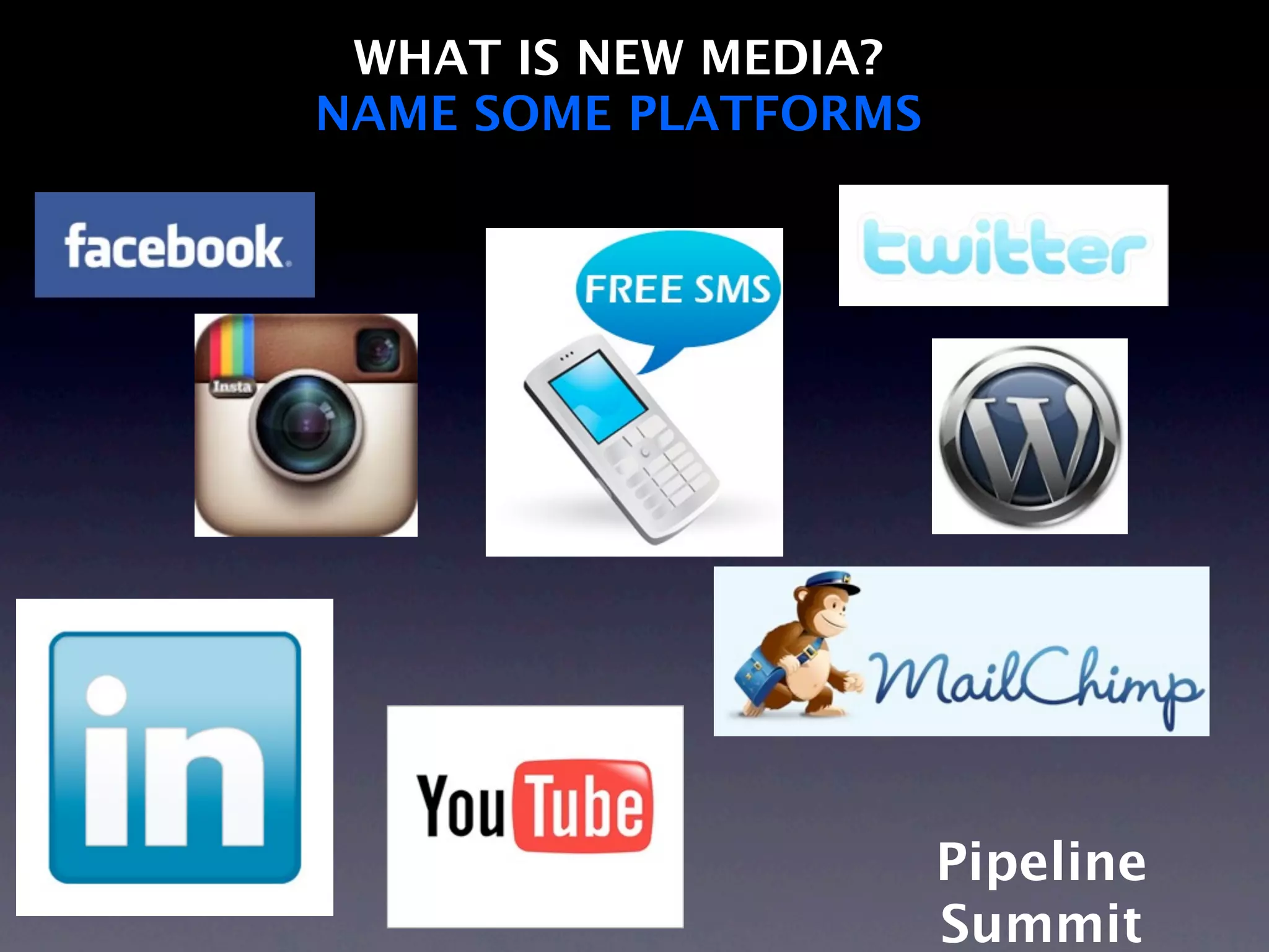 WHAT IS NEW MEDIA?
NAME SOME PLATFORMS




                      Pipeline
                      Summit
 