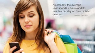 As of today, the average
user spends 2 hours and 38
minutes per day on their mobile
devices.
Source — Flurry 2013

 