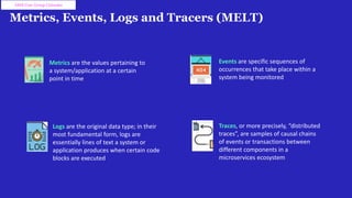 Metrics, Events, Logs and Tracers (MELT)
AWS User Group Colombo
Metrics are the values pertaining to
a system/application at a certain
point in time
Events are specific sequences of
occurrences that take place within a
system being monitored
Logs are the original data type; in their
most fundamental form, logs are
essentially lines of text a system or
application produces when certain code
blocks are executed
Traces, or more precisely, “distributed
traces”, are samples of causal chains
of events or transactions between
different components in a
microservices ecosystem
 