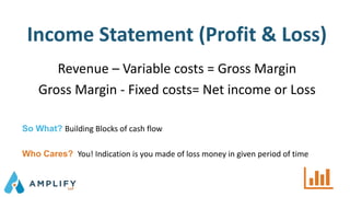 Income Statement (Profit & Loss)
Revenue – Variable costs = Gross Margin
Gross Margin - Fixed costs= Net income or Loss
So What? Building Blocks of cash flow
Who Cares? You! Indication is you made of loss money in given period of time
 