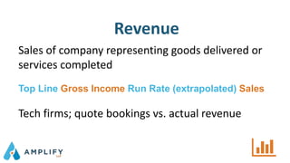 Revenue
Sales of company representing goods delivered or
services completed
Top Line Gross Income Run Rate (extrapolated) Sales
Tech firms; quote bookings vs. actual revenue
 