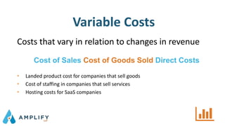 Variable Costs
Costs that vary in relation to changes in revenue
Cost of Sales Cost of Goods Sold Direct Costs
• Landed product cost for companies that sell goods
• Cost of staffing in companies that sell services
• Hosting costs for SaaS companies
 