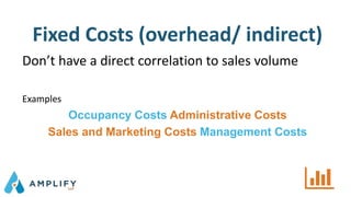 Fixed Costs (overhead/ indirect)
Don’t have a direct correlation to sales volume
Examples
Occupancy Costs Administrative Costs
Sales and Marketing Costs Management Costs
 