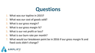 1. What was our topline in 2015?
2. What was our cost of goods sold?
3. What is our gross margin?
4. What is our gross margin %?
5. What is our net profit or loss?
6. What is our burn rate per month?
7. What would our breakeven point be in 2016 if our gross margin % and
fixed costs didn't change?
Questions
 