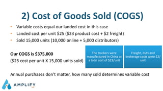 2) Cost of Goods Sold (COGS)
• Variable costs equal our landed cost in this case
• Landed cost per unit $25 ($23 product cost + $2 freight)
• Sold 15,000 units (10,000 online + 5,000 distributors)
Our COGS is $375,000
($25 cost per unit X 15,000 units sold)
Annual purchases don't matter, how many sold determines variable cost
The trackers were
manufactured in China at
a total cost of $23/unit
Freight, duty and
brokerage costs were $2/
unit
 