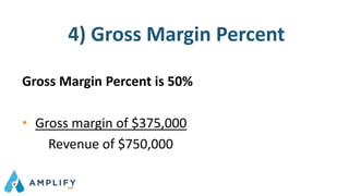 4) Gross Margin Percent
Gross Margin Percent is 50%
• Gross margin of $375,000
Revenue of $750,000
 
