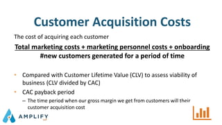Customer Acquisition Costs
The cost of acquiring each customer
Total marketing costs + marketing personnel costs + onboarding
#new customers generated for a period of time
• Compared with Customer Lifetime Value (CLV) to assess viability of
business (CLV divided by CAC)
• CAC payback period
– The time period when our gross margin we get from customers will their
customer acquisition cost
 
