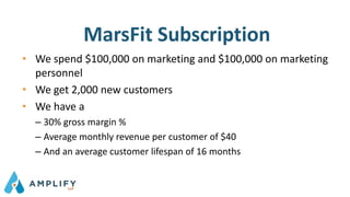MarsFit Subscription
• We spend $100,000 on marketing and $100,000 on marketing
personnel
• We get 2,000 new customers
• We have a
– 30% gross margin %
– Average monthly revenue per customer of $40
– And an average customer lifespan of 16 months
 