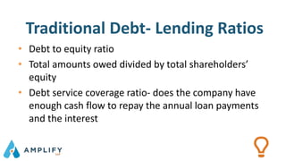 • Debt to equity ratio
• Total amounts owed divided by total shareholders’
equity
• Debt service coverage ratio- does the company have
enough cash flow to repay the annual loan payments
and the interest
Traditional Debt- Lending Ratios
 