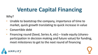 Venture Capital Financing
Why?
• Unable to bootstrap the company, importance of time to
market, quick growth translating to quick increase in value
• Convertible debt
• Financing round (Seed, Series A, etc) – trade equity (shares-
participation in decision making and future value) for funding,
meet milestones to get to the next round of financing
 