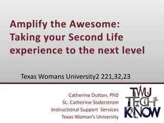 Catherine Dutton, PhD
SL: Catherine Soderstrom
Instructional Support Services
Texas Woman’s University
Texas Womans University2 221,32,23
 