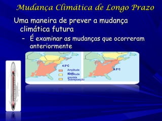Mudança Climática de Longo Prazo
Uma maneira de prever a mudança
climática futura

– É examinar as mudanças que ocorreram
anteriormente
4.5°C
Amplitude
atual
Amplitude
prevista
Sobreposição

6.5°C

 