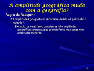 A amplitude geográfica muda
com a geografia?

Regra de Rapoport

As amplitudes geográficas diminuem desde os polos até o
equador.
Exemplo: os mamíferos canadenses têm amplitudes
geográficas grandes, mas os mamíferos mexicanos têm
amplitudes menores.

132

 