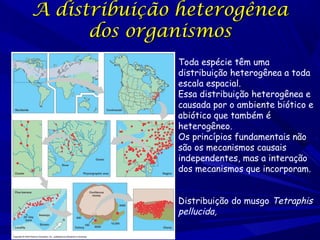 A distribuição heterogênea
dos organismos
Toda espécie têm uma
distribuição heterogênea a toda
escala espacial.
Essa distribuição heterogênea e
causada por o ambiente biótico e
abiótico que também é
heterogêneo.
Os princípios fundamentais não
são os mecanismos causais
independentes, mas a interação
dos mecanismos que incorporam.
Distribuição do musgo Tetraphis
pellucida,

 