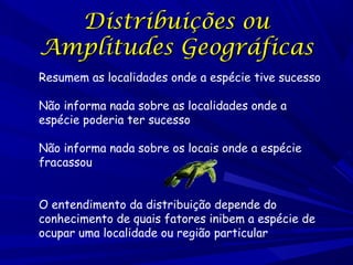 Distribuições ou
Amplitudes Geográficas
Resumem as localidades onde a espécie tive sucesso
Não informa nada sobre as localidades onde a
espécie poderia ter sucesso
Não informa nada sobre os locais onde a espécie
fracassou
O entendimento da distribuição depende do
conhecimento de quais fatores inibem a espécie de
ocupar uma localidade ou região particular

 