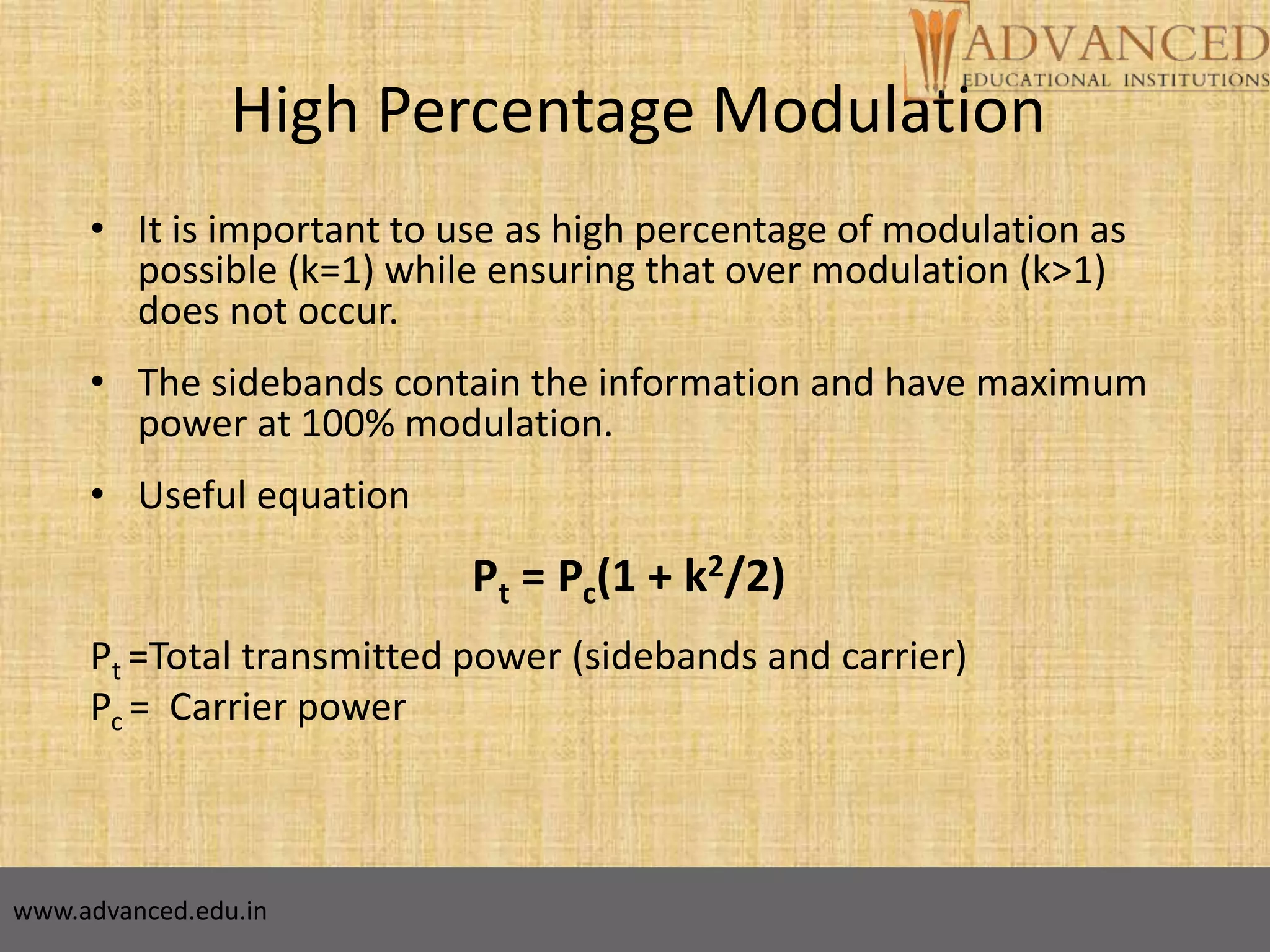 14
High Percentage Modulation
• It is important to use as high percentage of modulation as
possible (k=1) while ensuring that over modulation (k>1)
does not occur.
• The sidebands contain the information and have maximum
power at 100% modulation.
• Useful equation
Pt = Pc(1 + k2/2)
Pt =Total transmitted power (sidebands and carrier)
Pc = Carrier power
www.advanced.edu.in
 