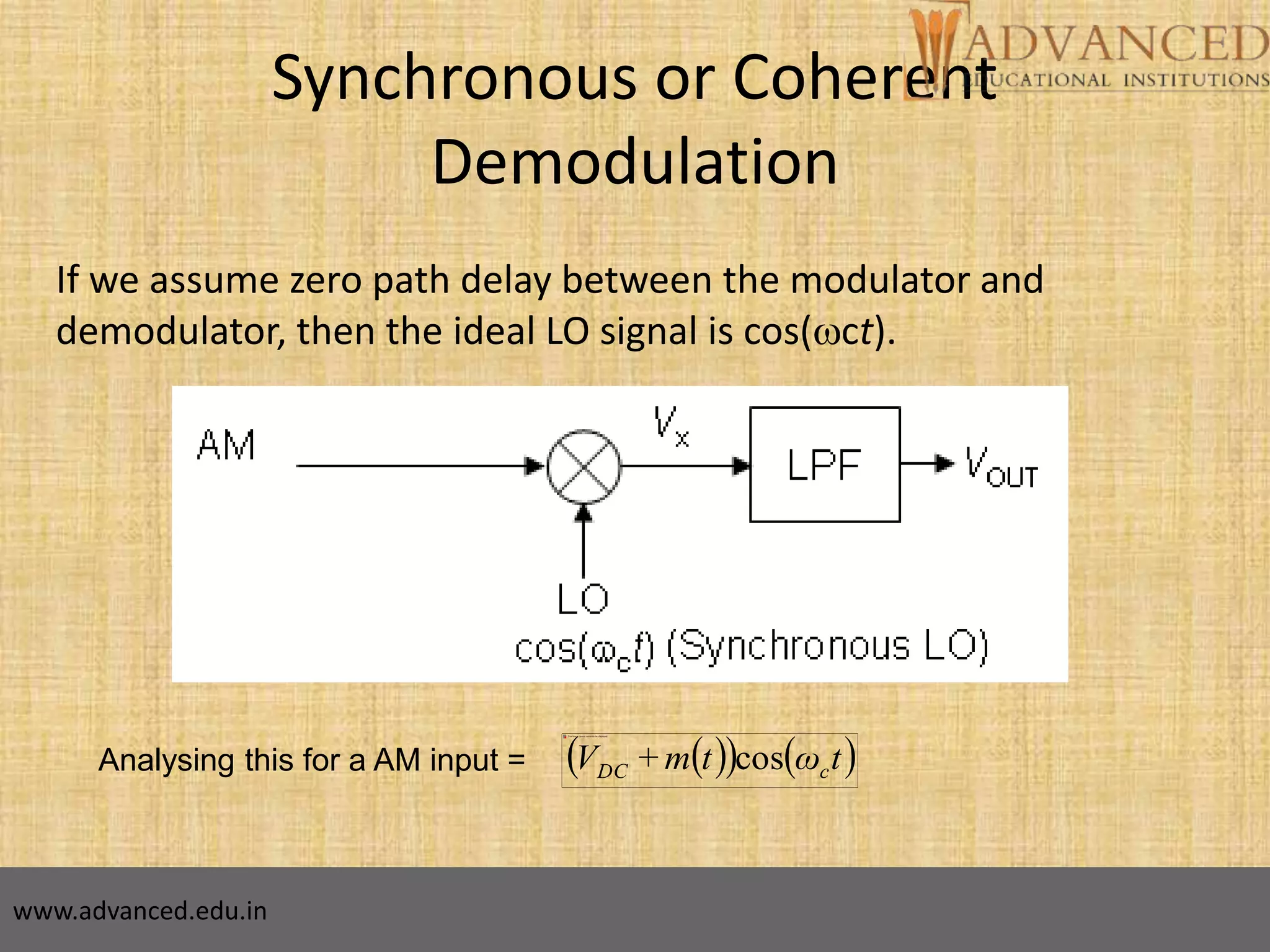 19
Synchronous or Coherent
Demodulation
If we assume zero path delay between the modulator and
demodulator, then the ideal LO signal is cos(ct).
Analysing this for a AM input =     tωtm+V cDC cos
www.advanced.edu.in
 