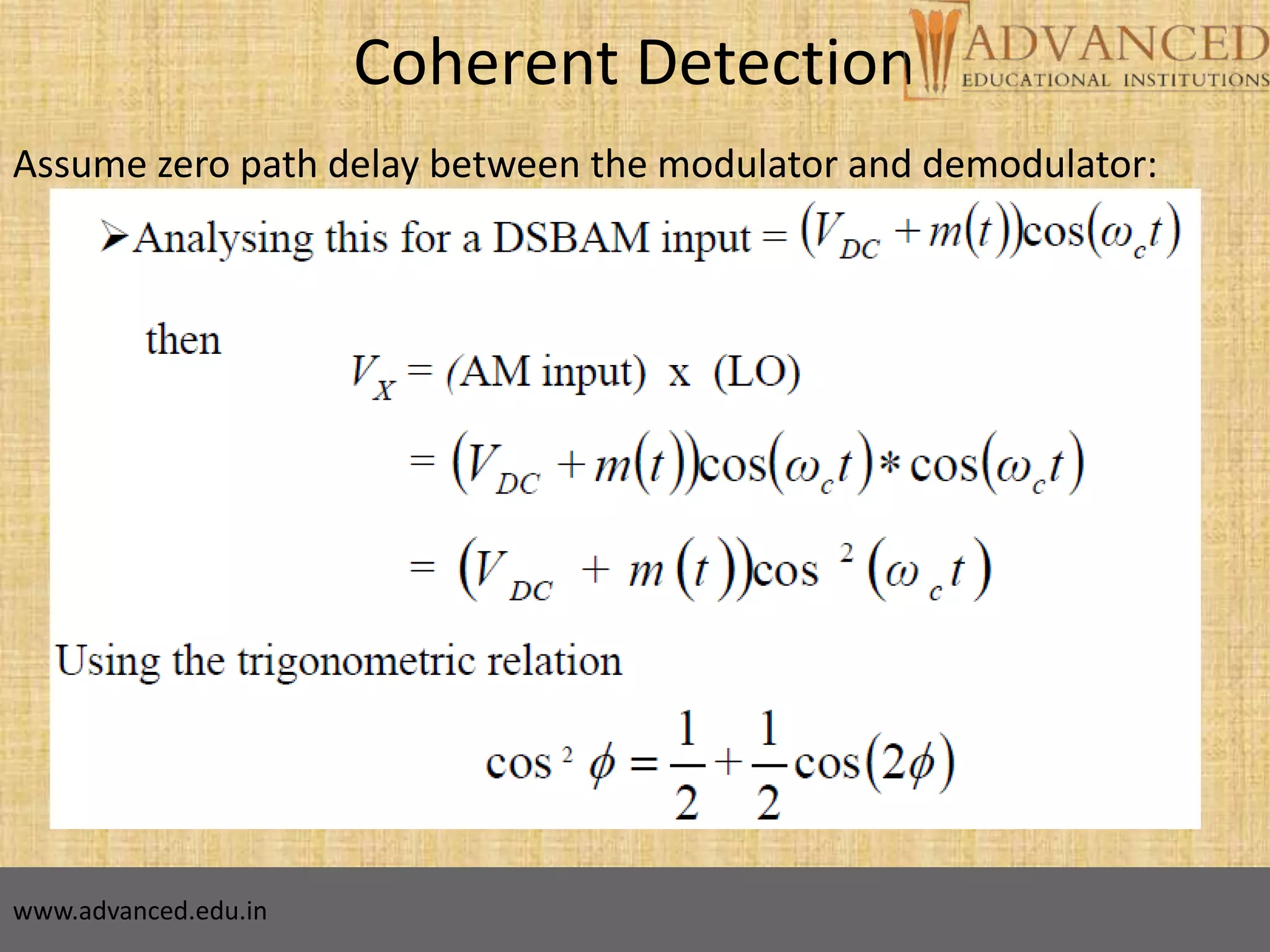 20
Coherent Detection
Assume zero path delay between the modulator and demodulator:
www.advanced.edu.in
 