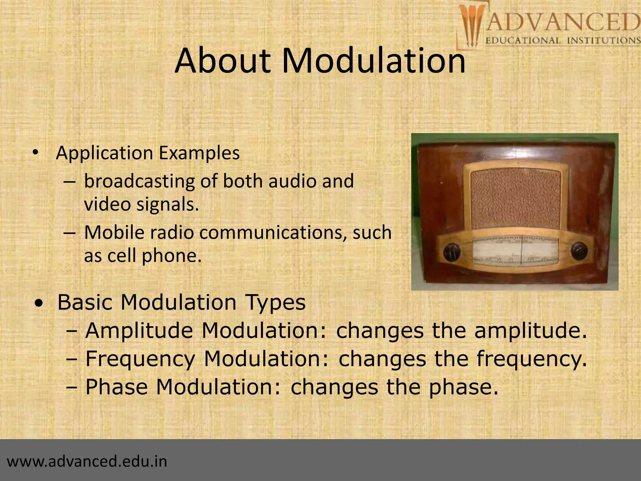 3
About Modulation
• Application Examples
– broadcasting of both audio and
video signals.
– Mobile radio communications, such
as cell phone.
• Basic Modulation Types
– Amplitude Modulation: changes the amplitude.
– Frequency Modulation: changes the frequency.
– Phase Modulation: changes the phase.
www.advanced.edu.in
 