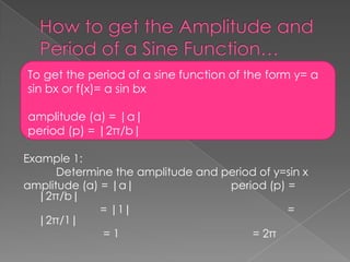 To get the period of a sine function of the form y= a
sin bx or f(x)= a sin bx
amplitude (a) = |a|
period (p) = |2π/b|
Example 1:
Determine the amplitude and period of y=sin x
amplitude (a) = |a|
period (p) =
|2π/b|
= |1|
=
|2π/1|
=1
= 2π

 