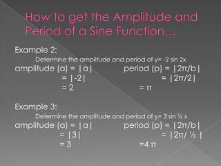 Example 2:
Determine the amplitude and period of y= -2 sin 2x

amplitude (a) = |a|
= |-2|
=2

period (p) = |2π/b|
= |2π/2|
=π

Example 3:
Determine the amplitude and period of y= 3 sin ½ x

amplitude (a) = |a|
= |3|
=3

period (p) = |2π/b|
= |2π/ ½ |
=4 π

 