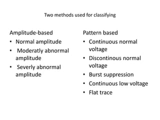Two methods used for classifying
Amplitude-based
• Normal amplitude
• Moderatly abnormal
amplitude
• Severly abnormal
amplitude
Pattern based
• Continuous normal
voltage
• Discontinous normal
voltage
• Burst suppression
• Continuous low voltage
• Flat trace
 