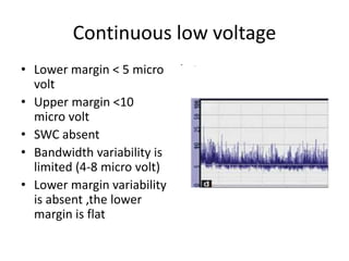 Continuous low voltage
• Lower margin < 5 micro
volt
• Upper margin <10
micro volt
• SWC absent
• Bandwidth variability is
limited (4-8 micro volt)
• Lower margin variability
is absent ,the lower
margin is flat
• ..
 