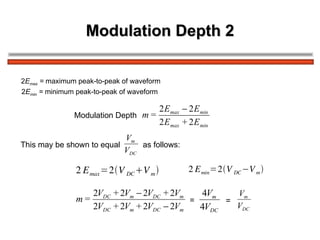 Modulation Depth 2 2 E max  =  maximum peak-to-peak of waveform 2 E min  =  minimum peak-to-peak of waveform   Modulation Depth  This may be shown to equal  as follows:  = = 