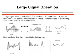 Large Signal Operation For large signal inputs, (   Volts) the diode is switched  i.e.  forward biased    ON, reverse  biased    OFF, and acts as a half wave rectifier. The 'RC' combination acts as a 'smoothing  circuit' and the output is  m ( t ) plus 'distortion'. If the modulation depth is > 1, the distortion below occurs 