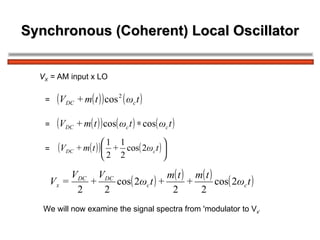 Synchronous (Coherent) Local Oscillator V X  =  AM input x LO = We will now examine the signal spectra from 'modulator to V x' = = 