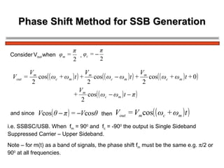 Phase Shift Method for SSB Generation Consider   V out   when  ,  and since  then   i.e. SSBSC/USB. When  f m  = 90 0  and  f c  = -90 0  the output is Single Sideband  Suppressed Carrier – Upper Sideband. Note – for m(t) as a band of signals, the phase shift f m  must be the same e.g.   /2 or  90 0  at all frequencies. 