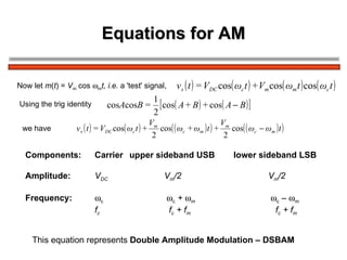Equations for AM Now let  m ( t ) =  V m   cos   m t, i.e.  a 'test' signal, Using the trig identity   we have   Components: Carrier upper sideband USB lower sideband LSB Amplitude: V DC V m /2 V m /2 Frequency:  c    c  +   m    c  –   m f c   f c  + f m   f c  + f m This equation represents  Double Amplitude Modulation – DSBAM 