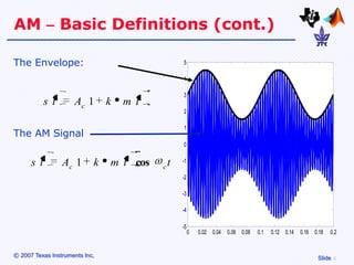 AM – Basic Definitions (cont.)

The Envelope:                                  5

                                               4

                                               3
            s t      Ac 1       k   m t
                                               2

                                               1
The AM Signal
                                               0


      s t         Ac 1      k   m t cos   ct
                                               -1

                                               -2

                                               -3

                                               -4

                                               -5
                                                    0   0.02 0.04   0.06 0.08   0.1   0.12 0.14   0.16 0.18   0.2


© 2007 Texas Instruments Inc,                                                                           Slide
 