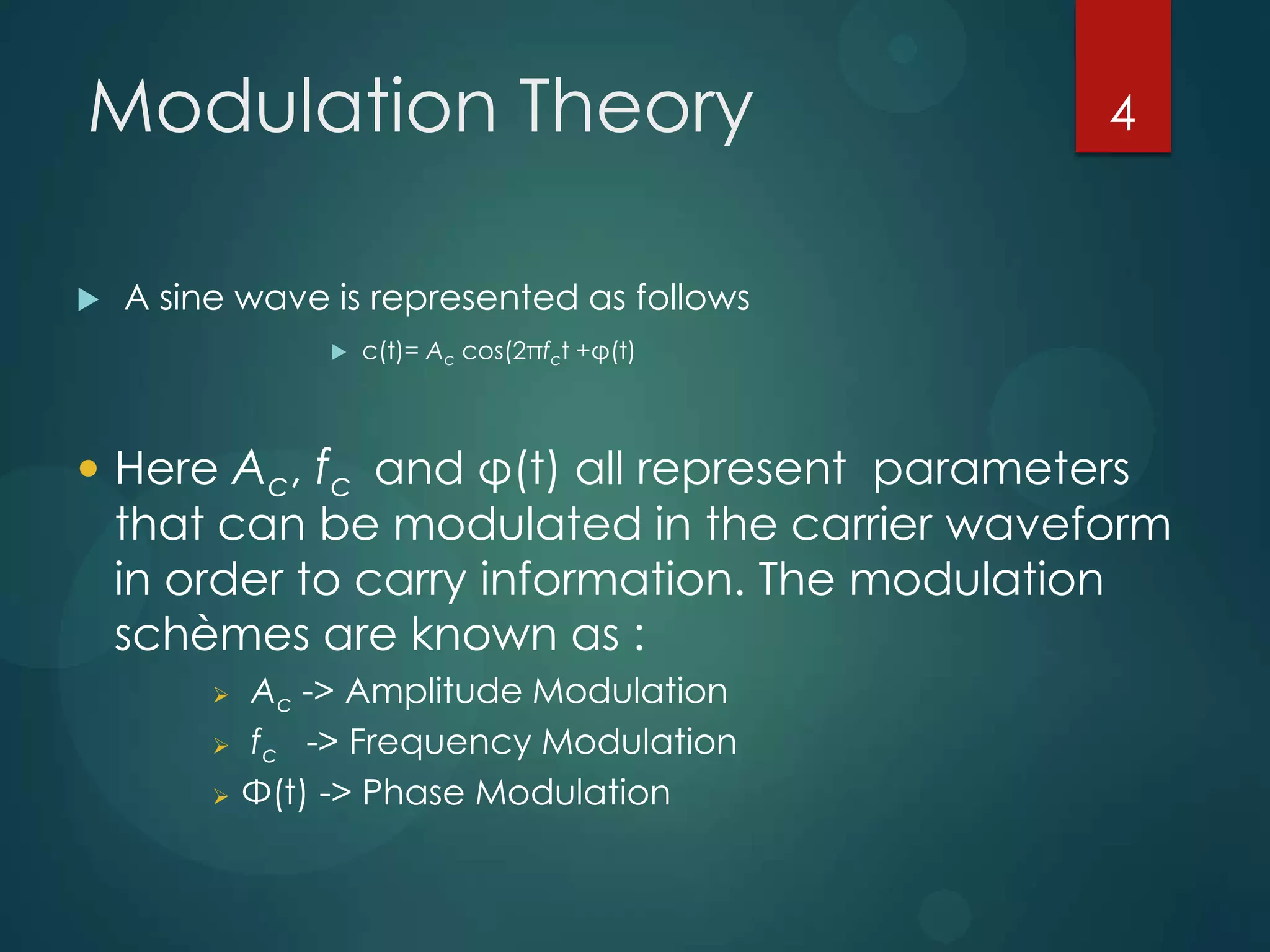 Modulation Theory


4

A sine wave is represented as follows


c(t)= Ac cos(2πfct +φ(t)

 Here Ac, fc and φ(t) all represent parameters

that can be modulated in the carrier waveform
in order to carry information. The modulation
schèmes are known as :




Ac -> Amplitude Modulation
fc -> Frequency Modulation
Φ(t) -> Phase Modulation

 