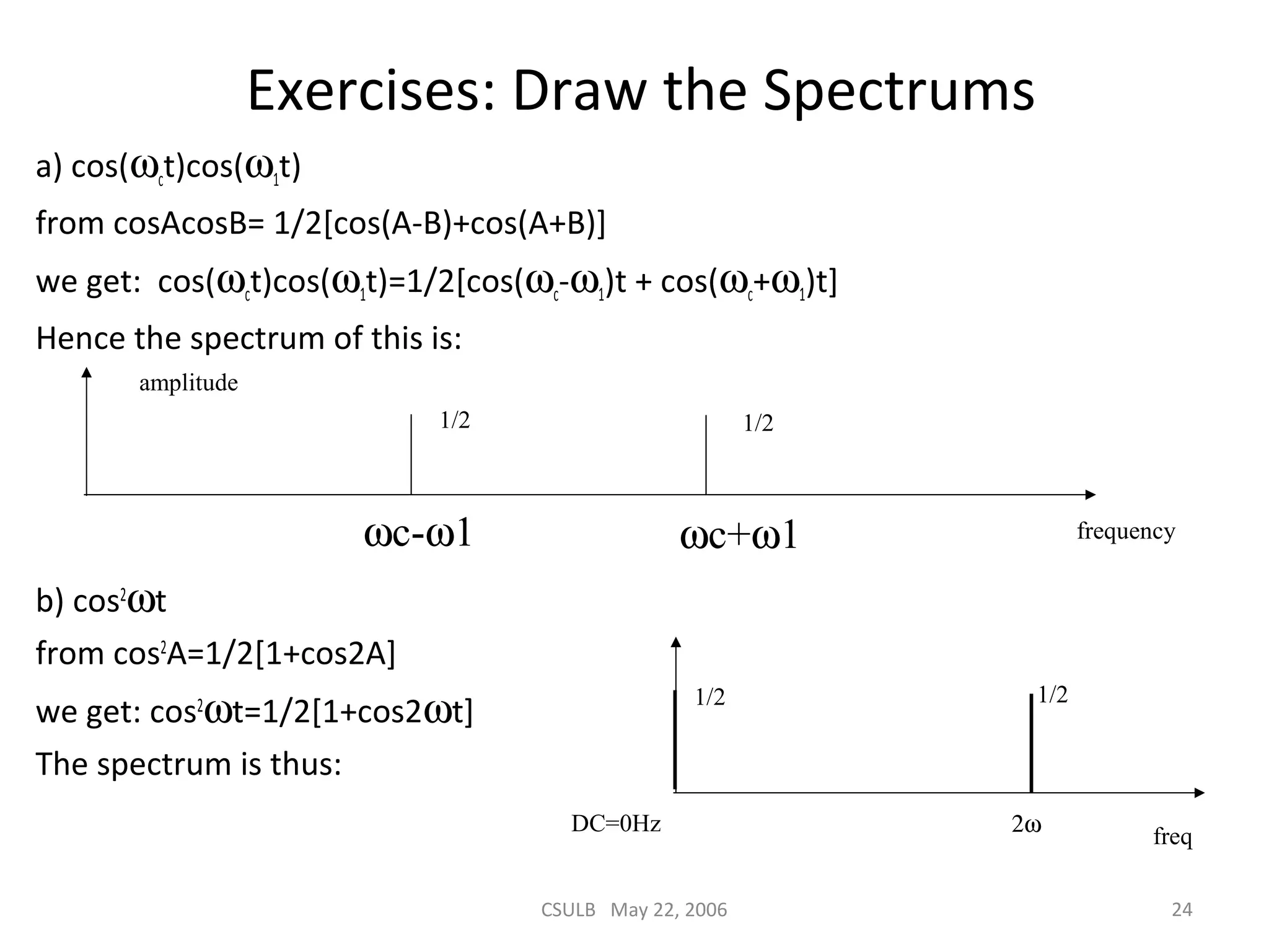 CSULB May 22, 2006 24
Exercises: Draw the Spectrums
a) cos(ωct)cos(ω1t)
from cosAcosB= 1/2[cos(A-B)+cos(A+B)]
we get: cos(ωct)cos(ω1t)=1/2[cos(ωc-ω1)t + cos(ωc+ω1)t]
Hence the spectrum of this is:
b) cos2
ωt
from cos2
A=1/2[1+cos2A]
we get: cos2
ωt=1/2[1+cos2ωt]
The spectrum is thus:
ωc-ω1 ωc+ω1
1/2 1/2
frequency
amplitude
1/2
freq
2ω
1/2
DC=0Hz
 