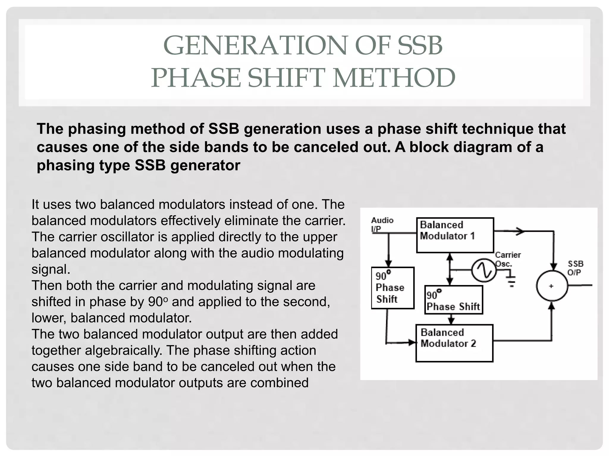 GENERATION OF SSB
PHASE SHIFT METHOD
The phasing method of SSB generation uses a phase shift technique that
causes one of the side bands to be canceled out. A block diagram of a
phasing type SSB generator
It uses two balanced modulators instead of one. The
balanced modulators effectively eliminate the carrier.
The carrier oscillator is applied directly to the upper
balanced modulator along with the audio modulating
signal.
Then both the carrier and modulating signal are
shifted in phase by 90o and applied to the second,
lower, balanced modulator.
The two balanced modulator output are then added
together algebraically. The phase shifting action
causes one side band to be canceled out when the
two balanced modulator outputs are combined
 